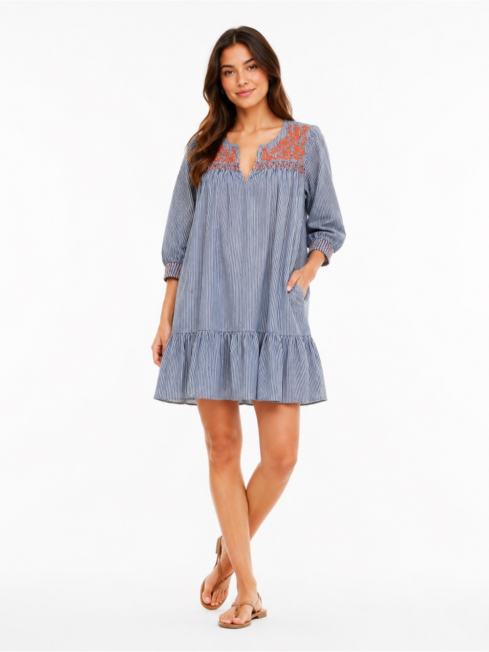 J.Crew Blue Stripe Embroidered Bodice Dress Pink Boho Peasant Midi M
